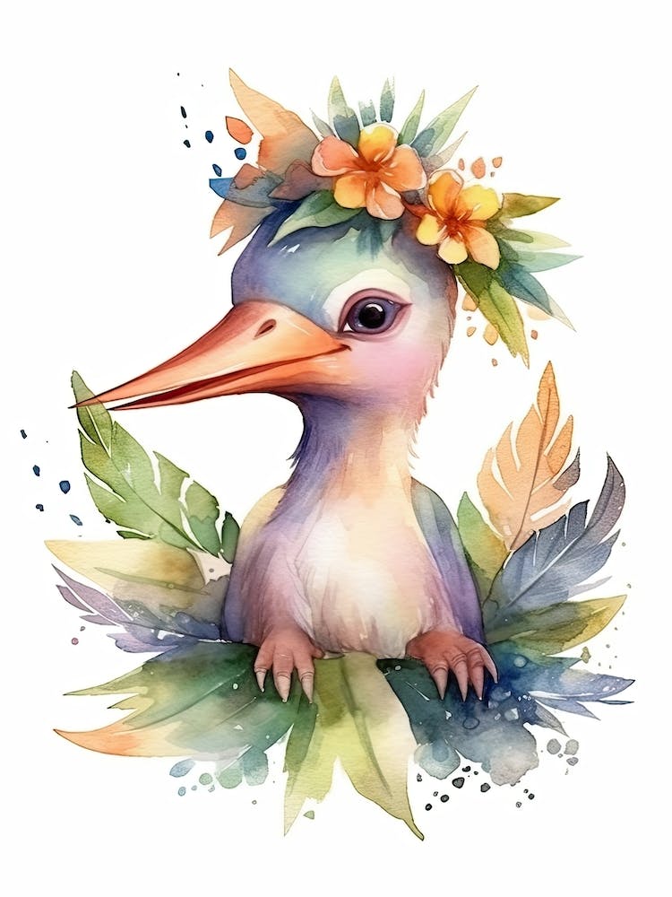 Pterodactyl With A Crown Of Flowers Cute Dinosaur Watercolour 3