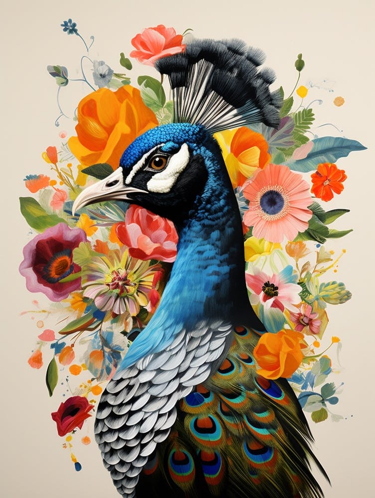 Oiseau Avec une Couronne de Fleurs Paon 1