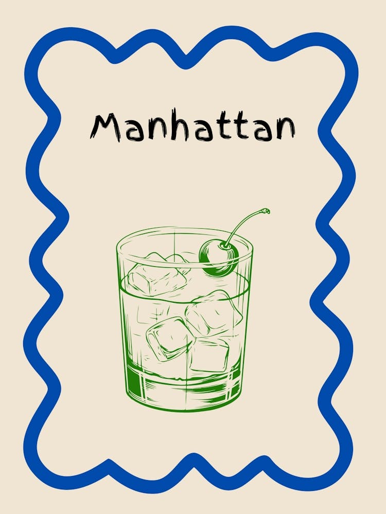 Manhattan Cocktail Doodle Poster Blue & Green