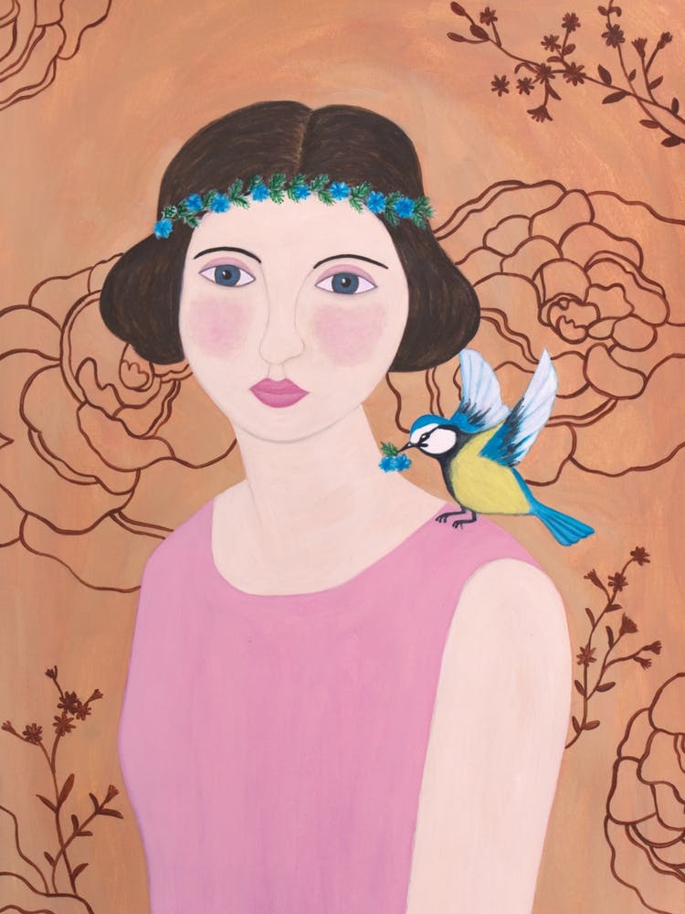 2 Woman In Pink Dress With Bird