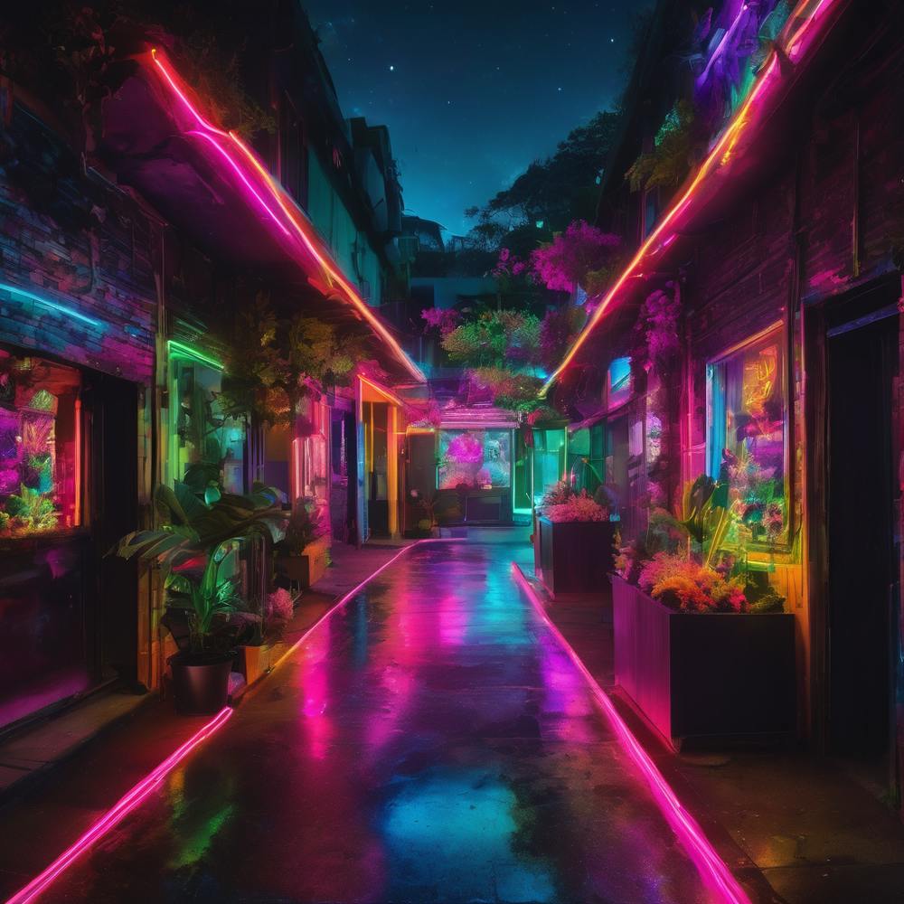 Neon kaleidoscope in darkness.