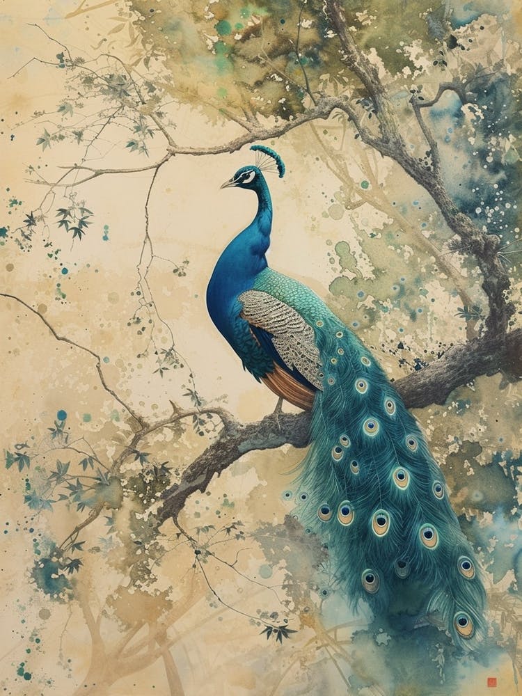 Sepia Watercolour Peacock On The Tree Branch