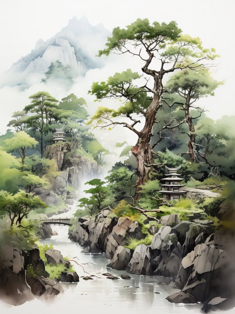 Iya Valley In Tokushima, Japanese Brush Painting, Ukiyo E, Minimal 2