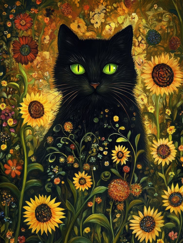 Schwarze Katze in Sonnenblumen 1