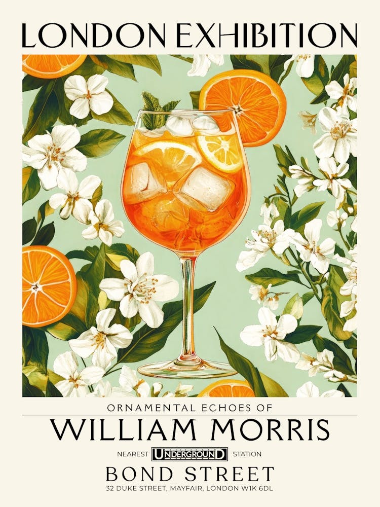 Impression cocktail Aperol Spritz style William Morris art floral maximaliste, art mural boisson d'inspiration estivale nature morte botanique vintage décor éclectique pour chariot de bar, salon, cuisine, salle à manger 13