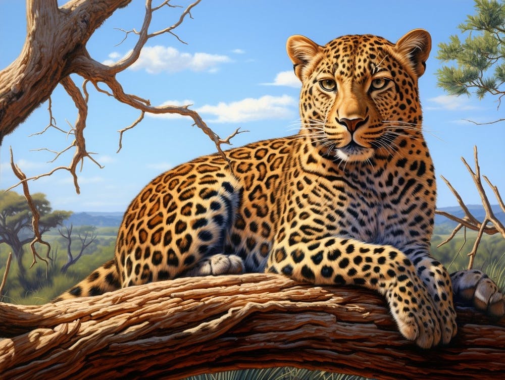 African Leopard Resting In A Tree Realism Painting 1