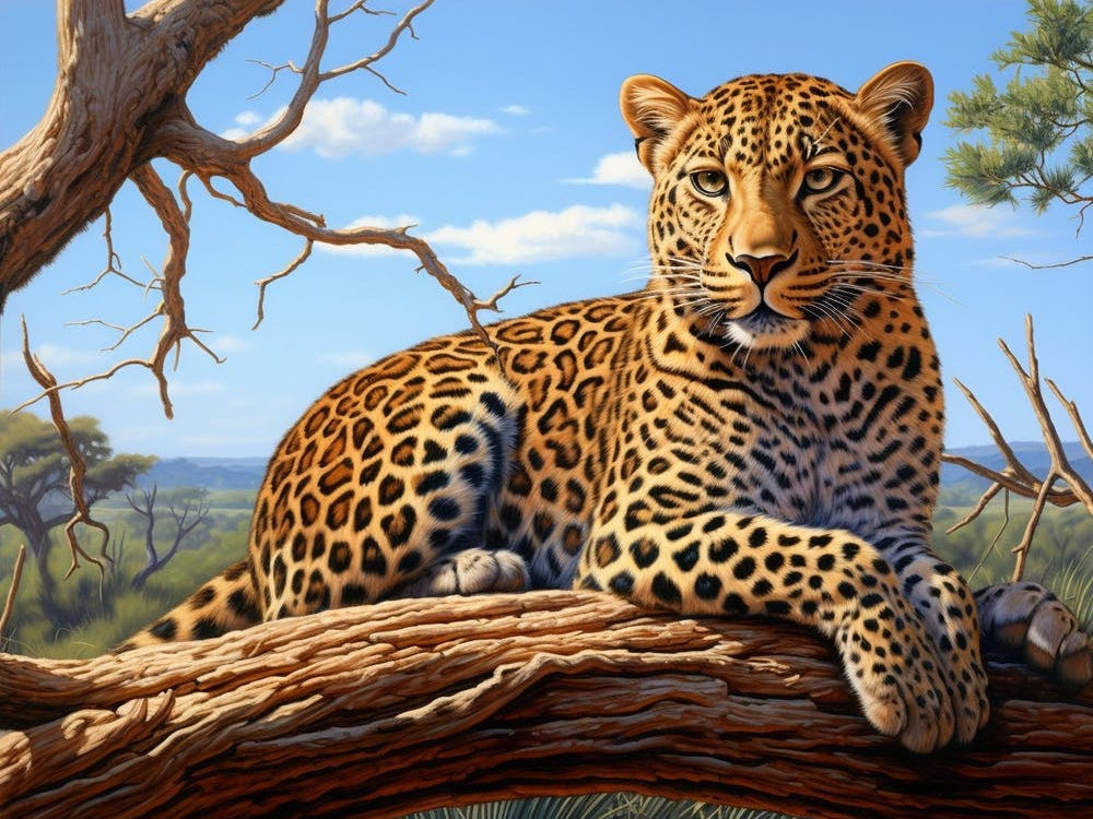 African Leopard Resting In A Tree Realism Painting 1