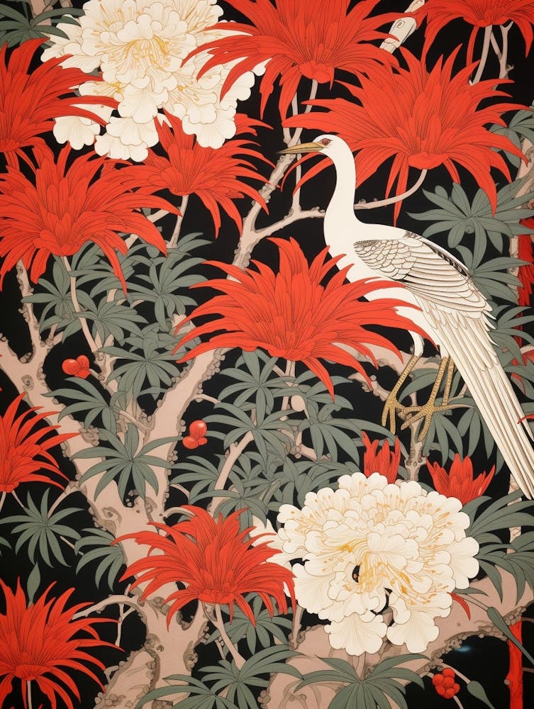 Red Spider Lily And Crane Vintage Japanese Botanical