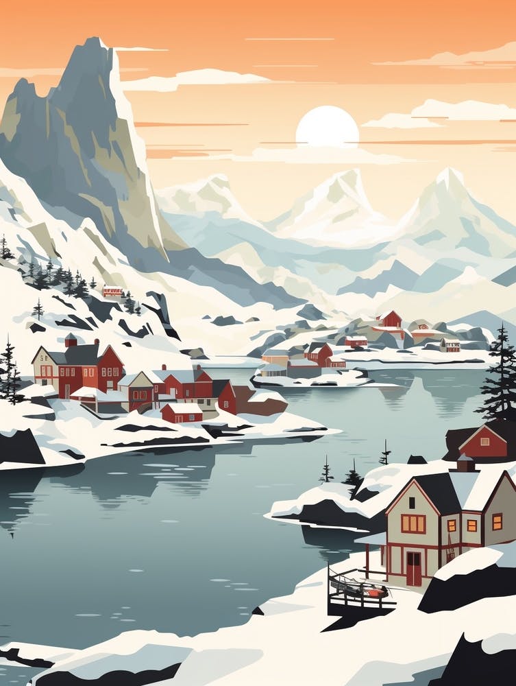 Vintage Winter Travel Illustration Lofoten Islands Norway 1