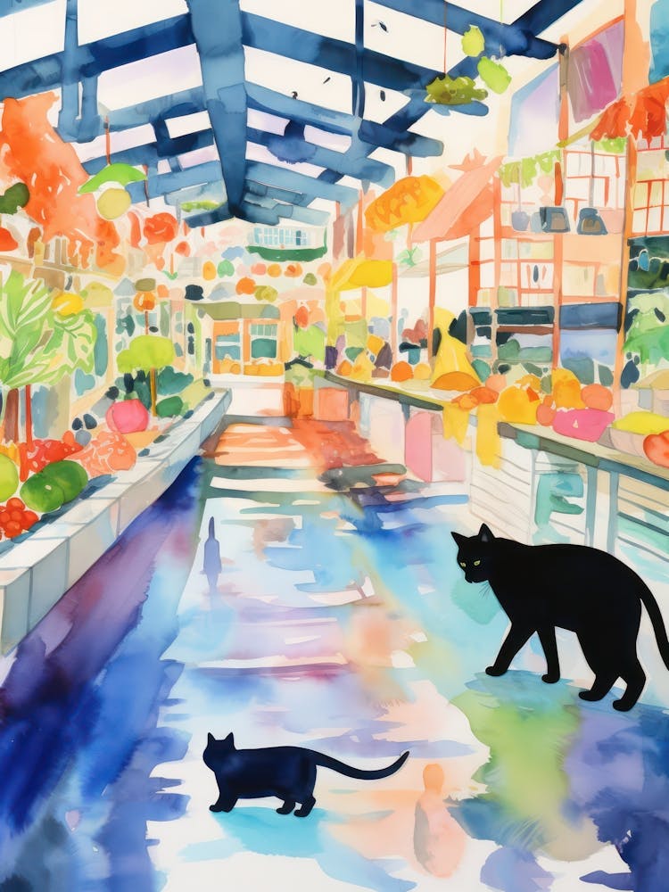 Food Market With Cats In Kyoto 3 Watercolour
