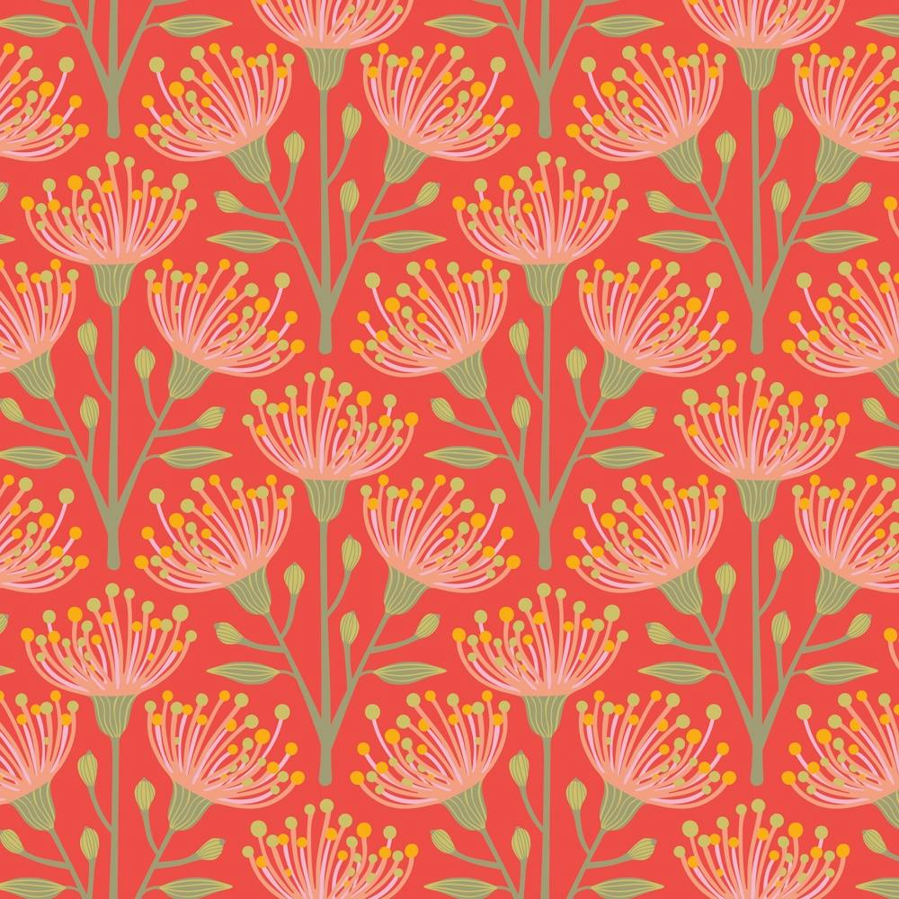 AUSTRALIAN EUCALYPTUS Floral in Pink Orange Green Yellow on Coral Orange