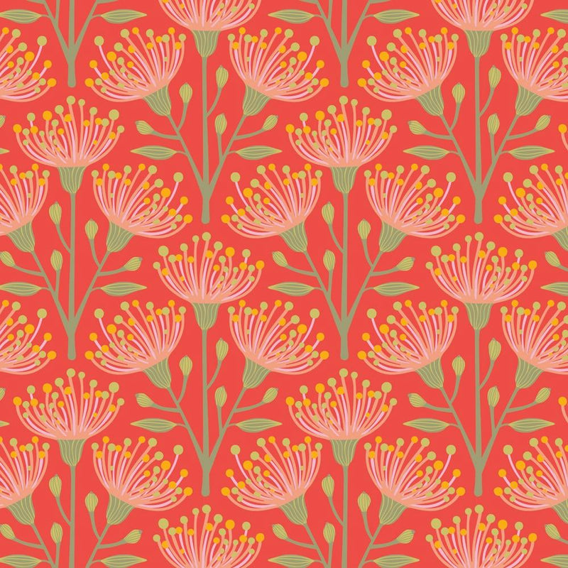 AUSTRALIAN EUCALYPTUS Floral in Pink Orange Green Yellow on Coral Orange