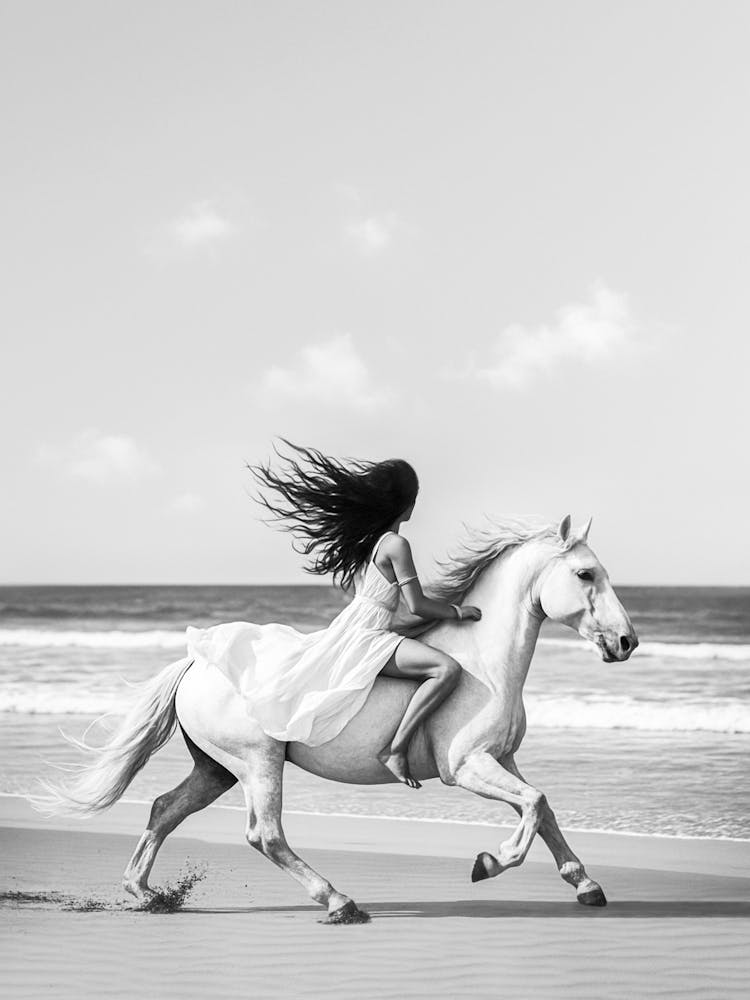 Boho Horse Girl Black White Beach Photography