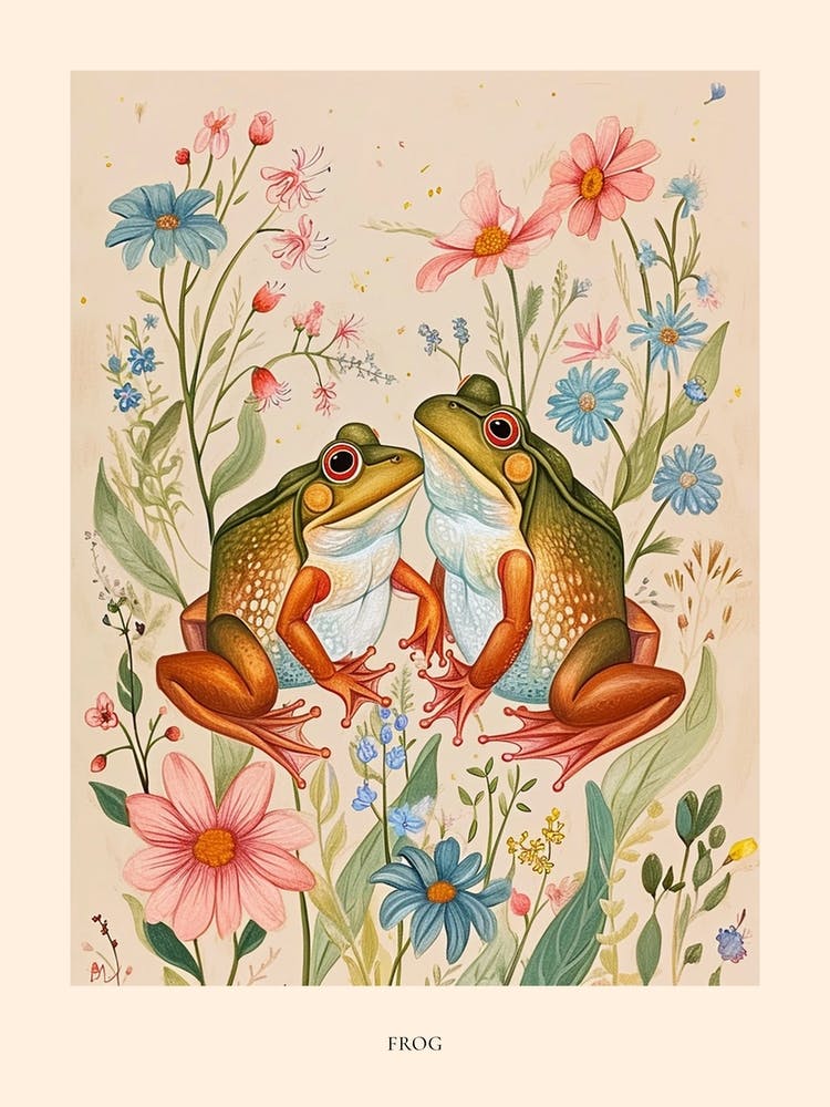 Folksy Floral Animal Drawing Frog 2 Poster