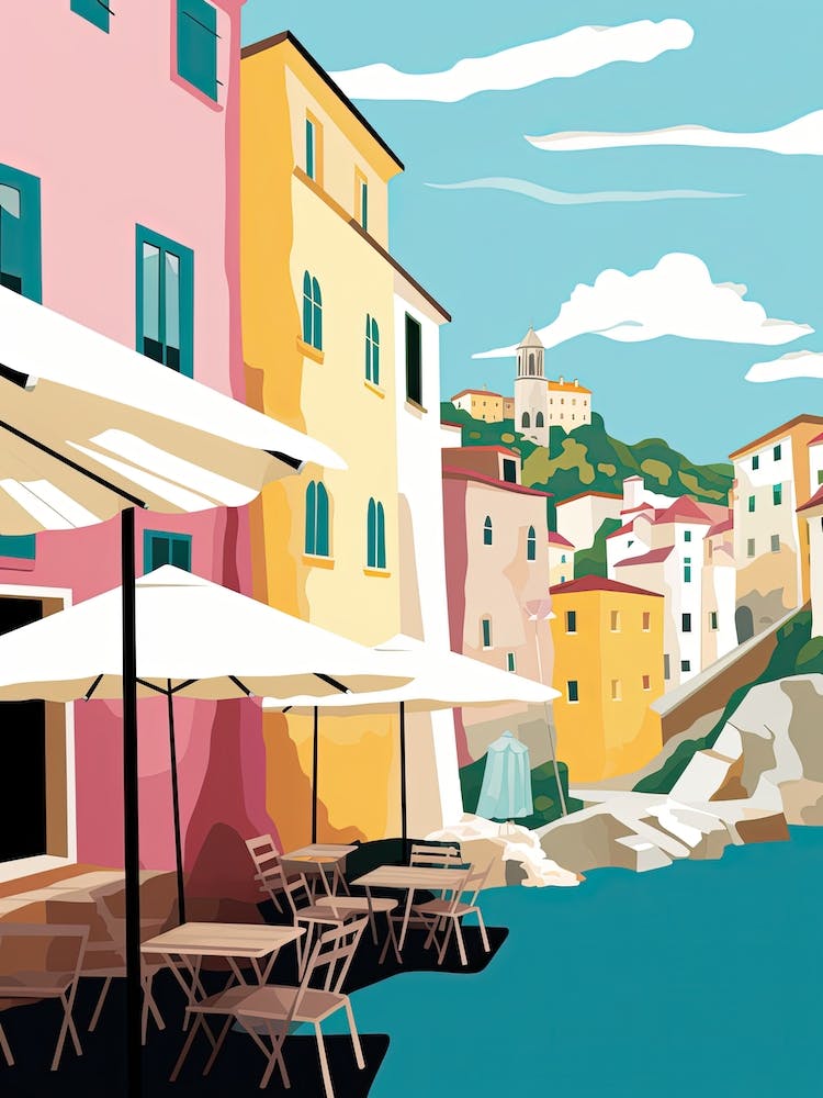 Cinque Terre, Italy, Flat Pastels Tones Illustration 3