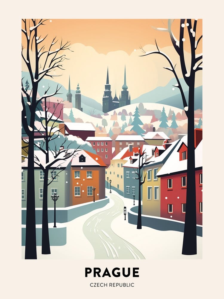 Vintage Winter Travel Poster Prague Czech Republic 2