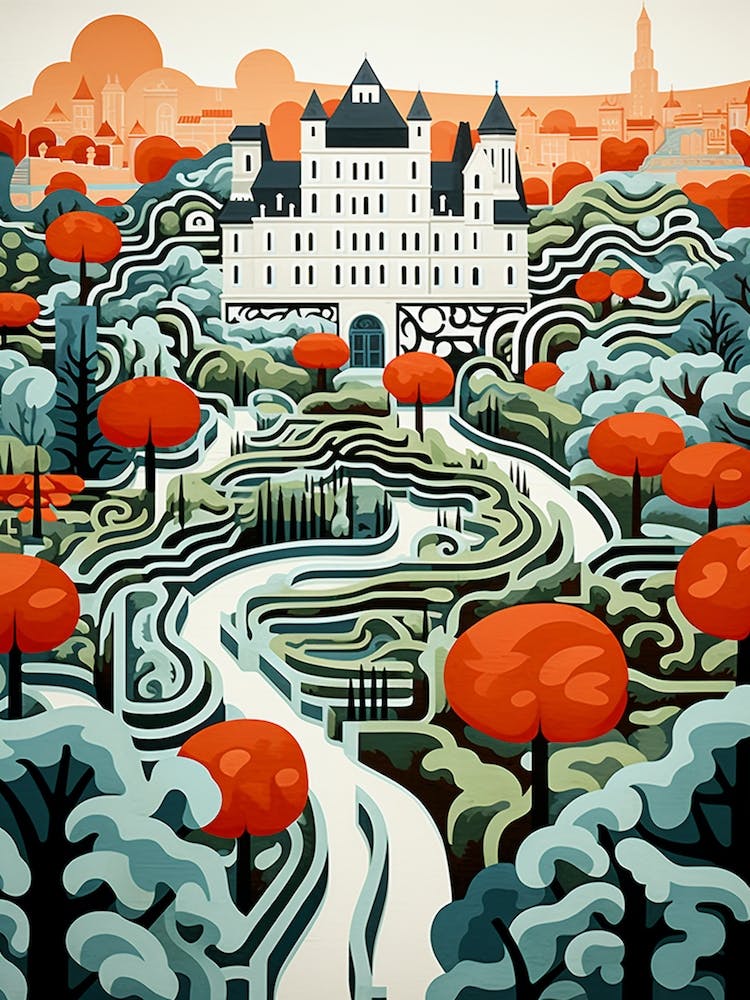 Chateau De Villandry Gardens France Modern Illustration 1