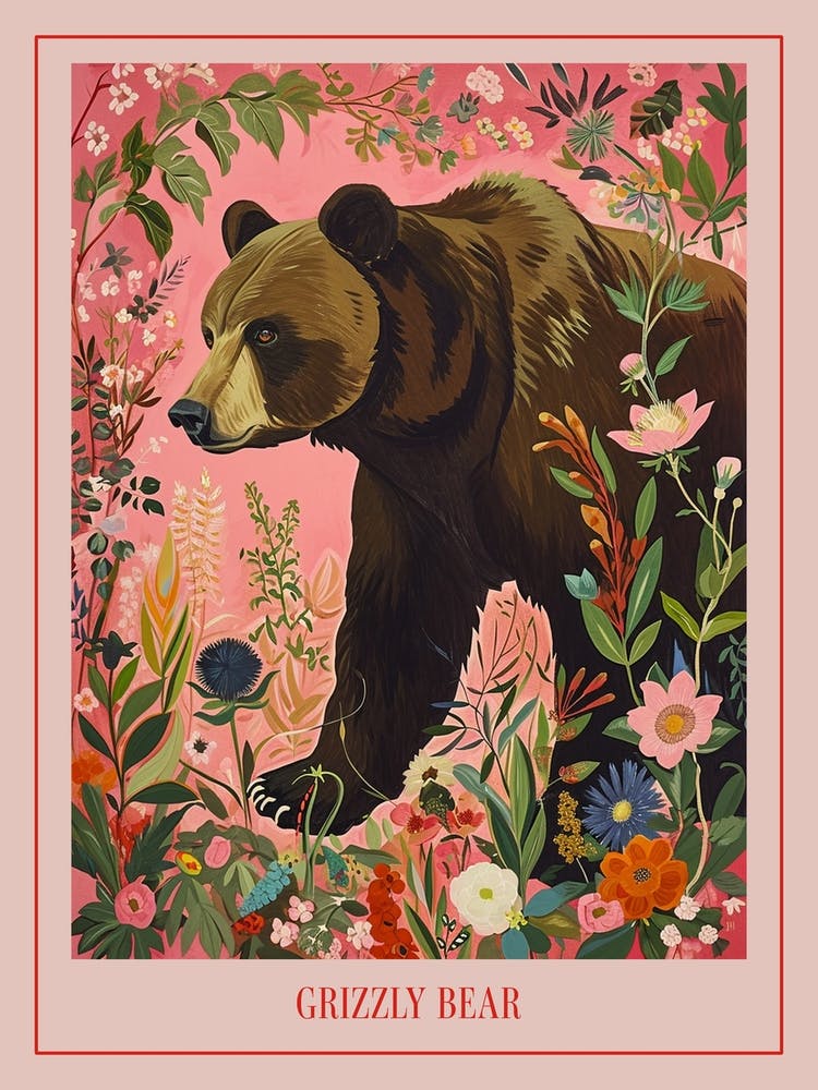 Floral Animal Painting Grizzly Bear 4 Poster