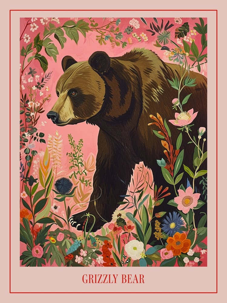 Floral Animal Painting Grizzly Bear 4 Poster