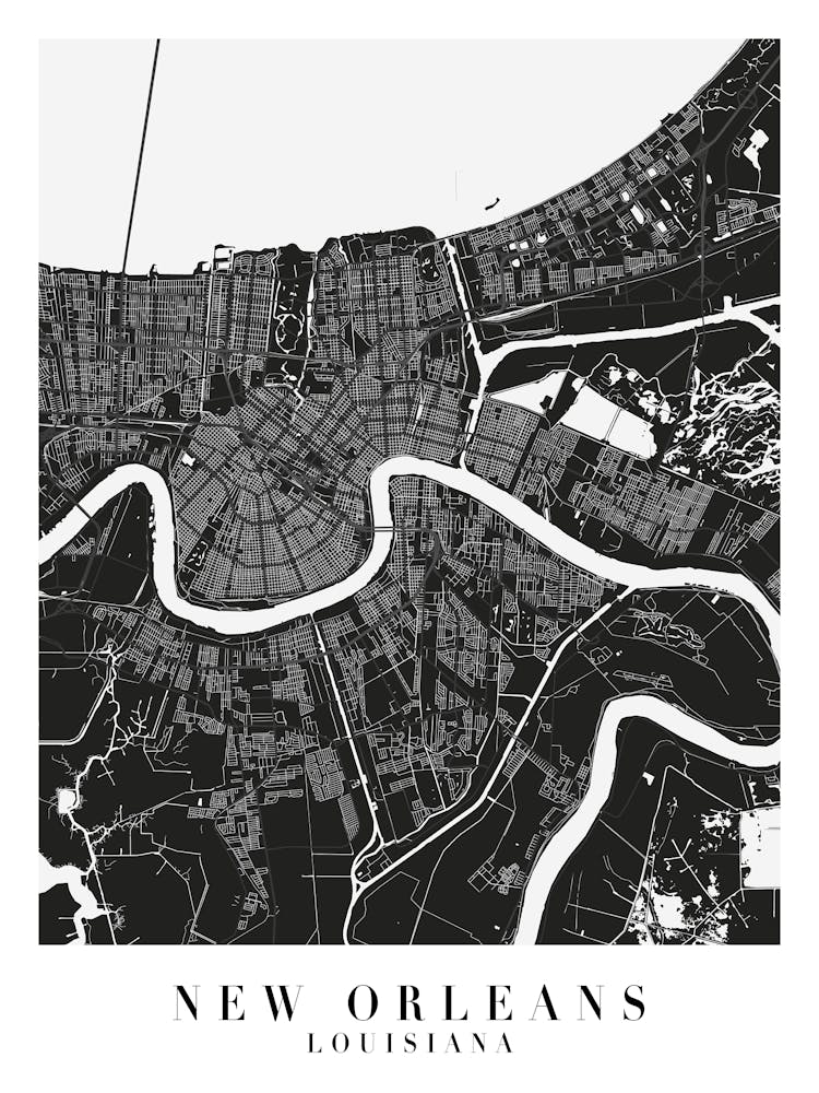 New Orleans Louisiana Minimal Black Mono Street Map 