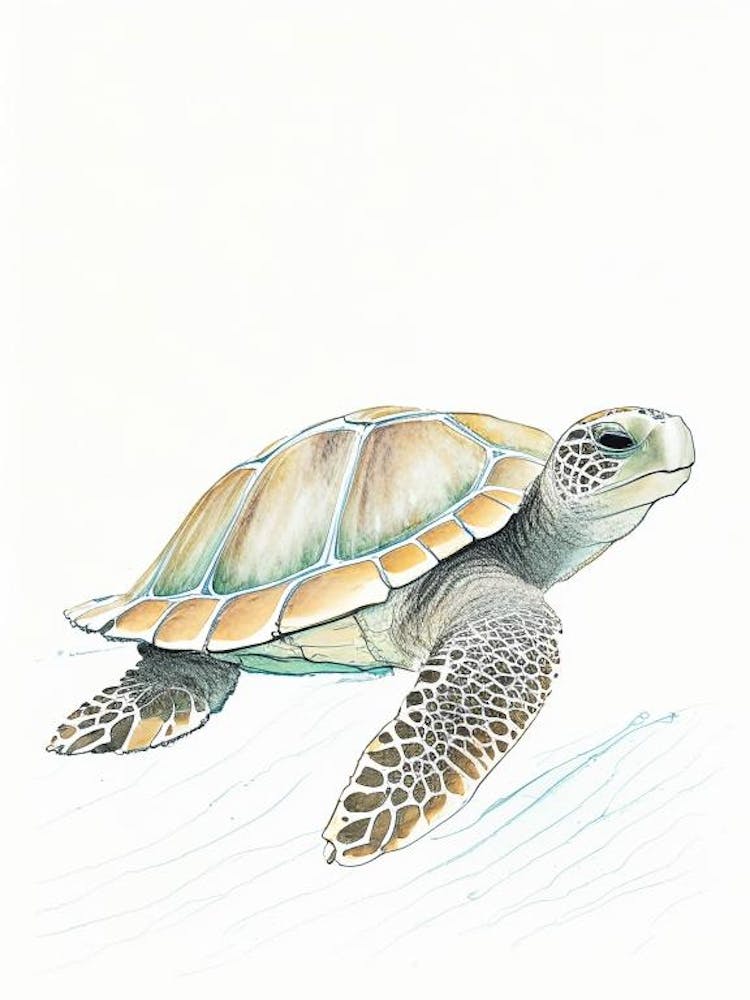 Flatback Sea Turtle (Natator Depressus), Sea Turtle Pencil Illustration 1