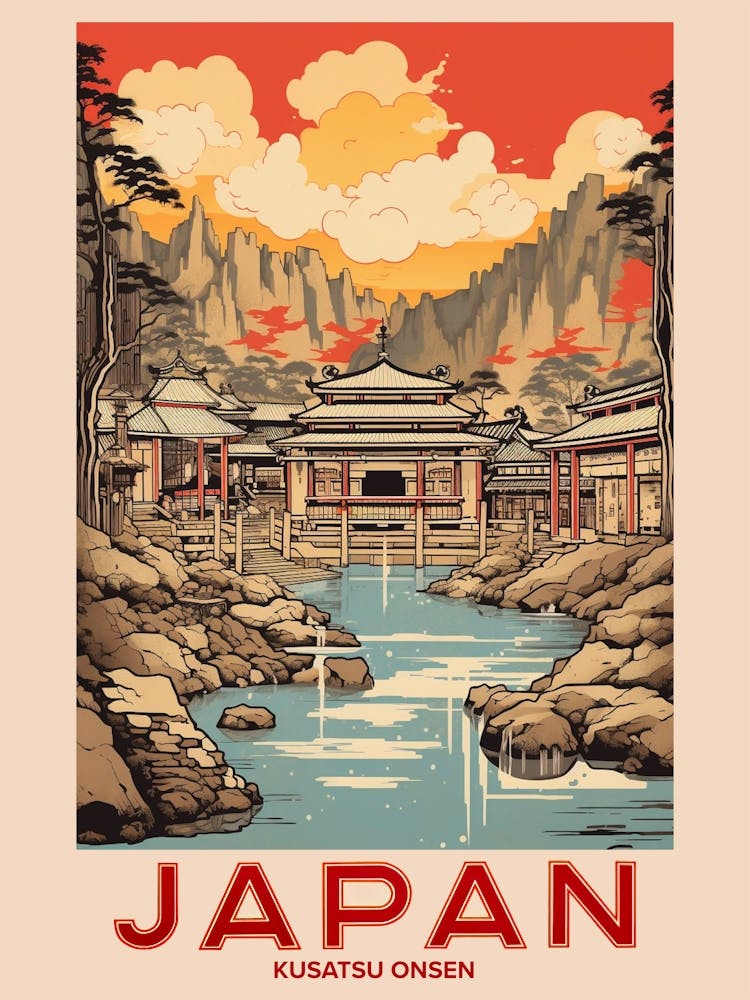 Kusatsu Onsen, Visit Japan Vintage Travel Art 3