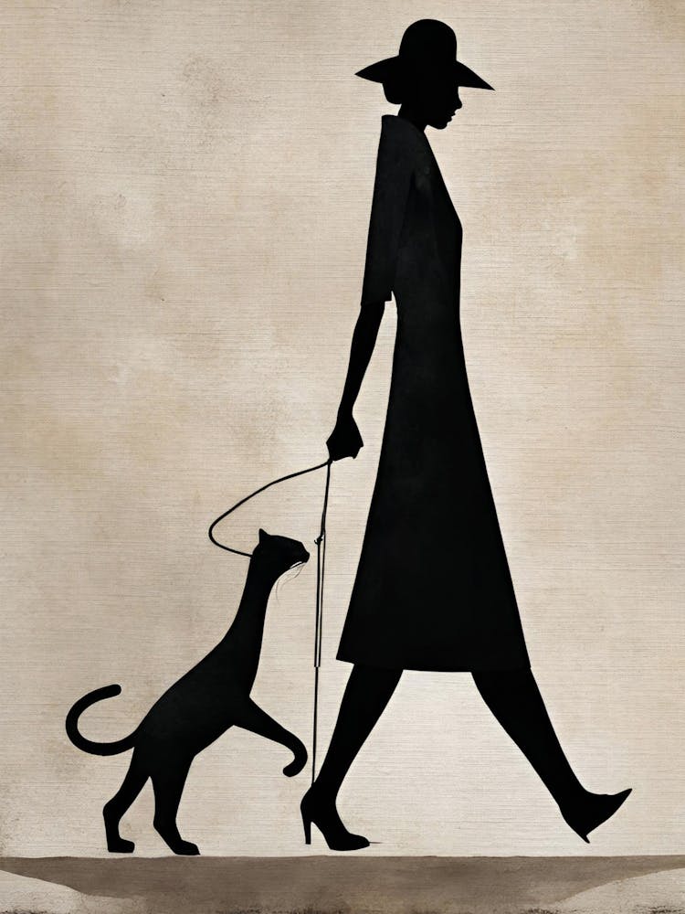 Art Deco Vintage beige and black woman and black cat