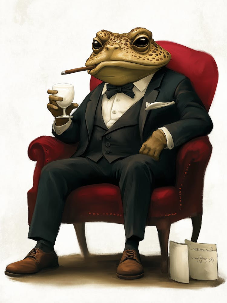 Toad In A Black Suit Sitting On A Red Chair And Smoking A Cigar, Holding A Glass