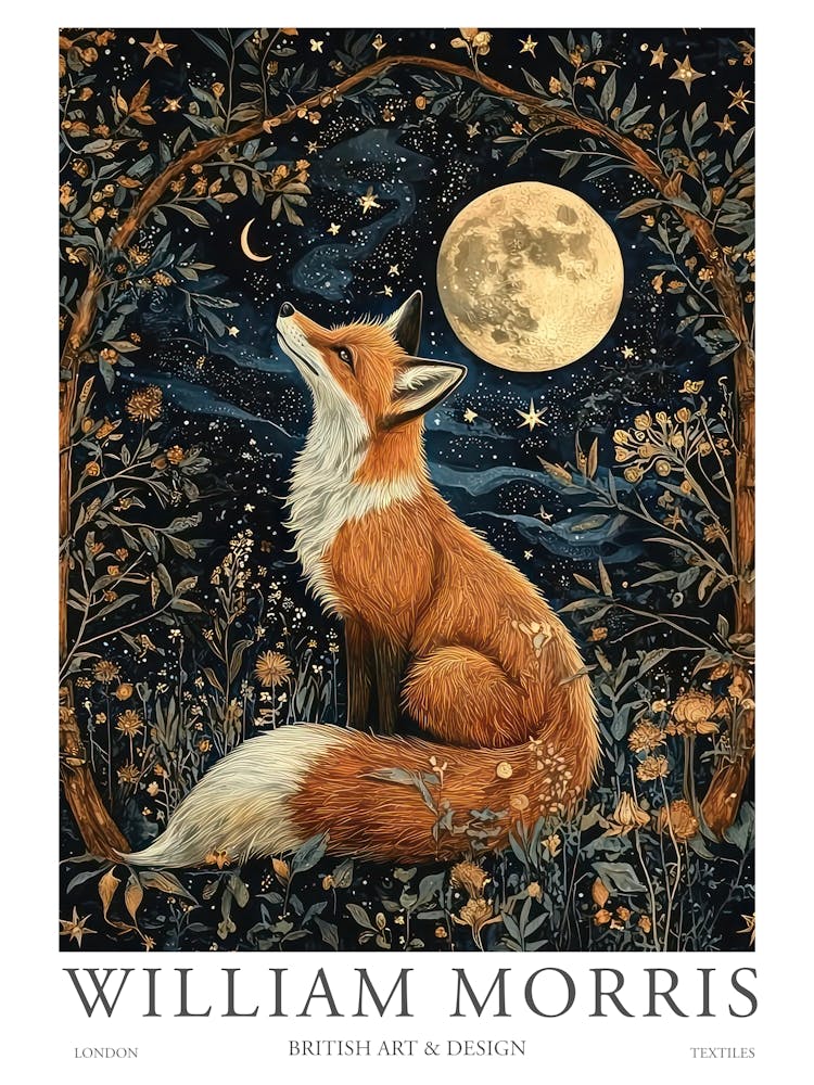 William Morris Night Fox Moon Print Morris Museum Poster Morris Exhibition Poster Painting Fox