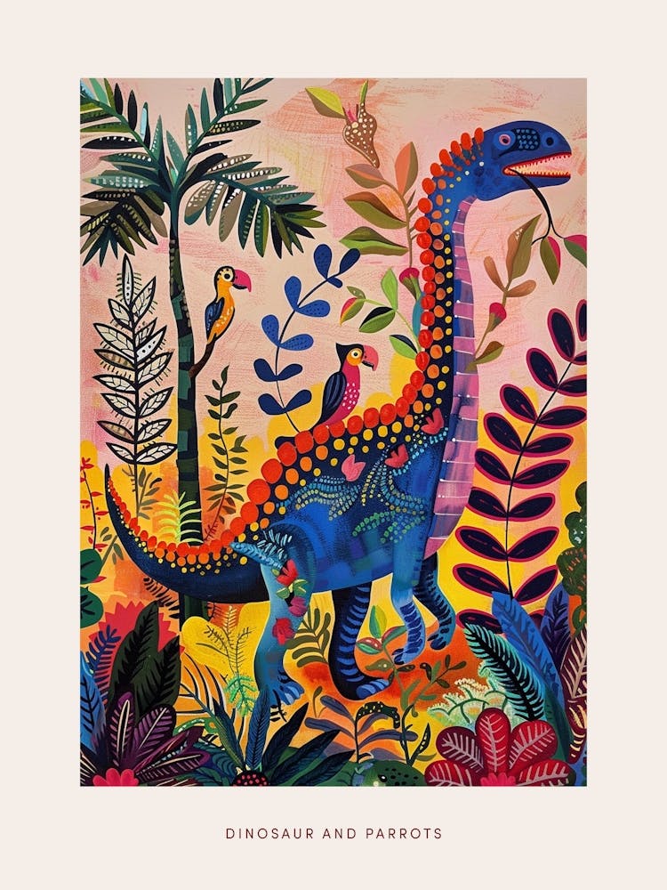 Colourful Blue Dinosaur With Parrots Poster