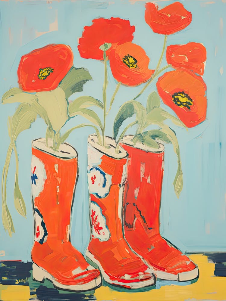 Painting Of Red Flowers And Cowboy Boots, Oil Style 3