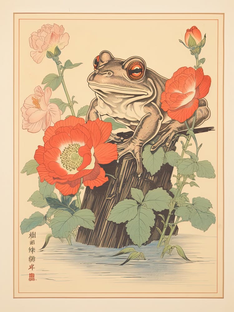 Frog And Flowers, Matsumoto Hoji Inspired Japanese Woodblock 4