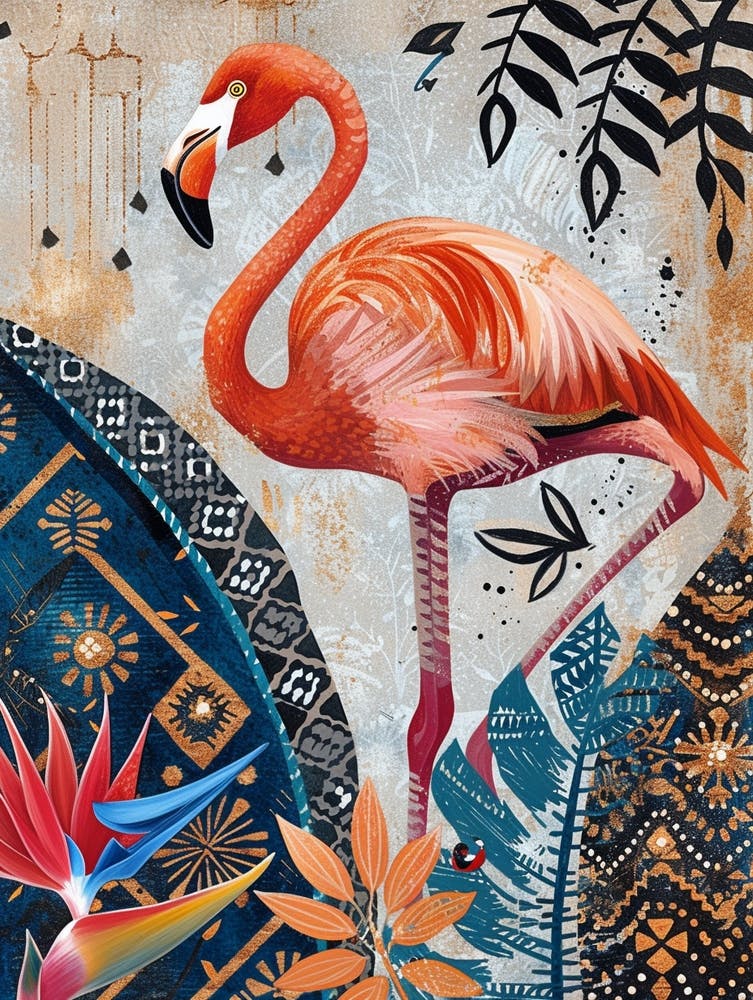 Greater Flamingo And Bird Of Paradise Boho Print 2