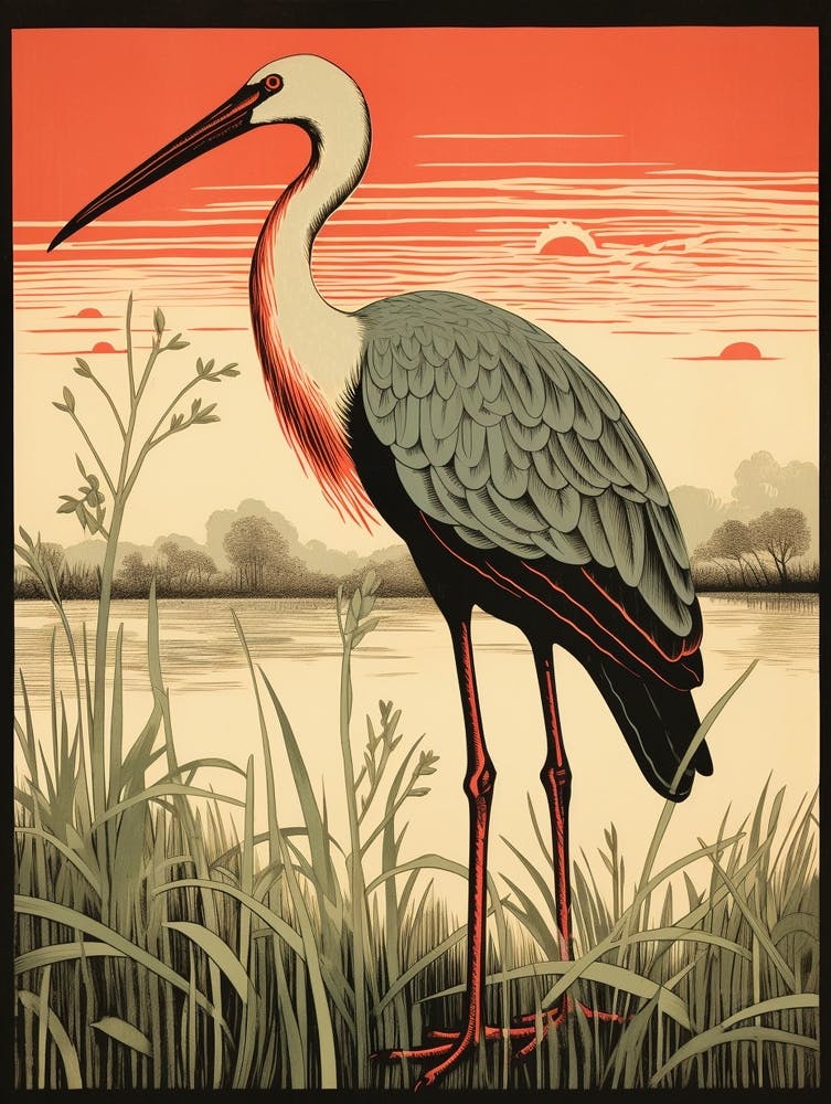 Vintage Bird Linocut Stork 1