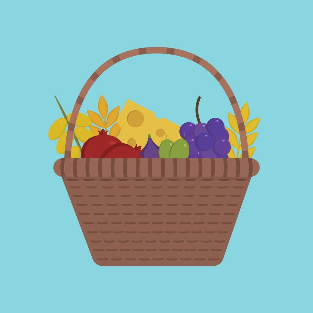 Weidenkorb mit Früchten und Milchprodukten Symbol im Flat Design