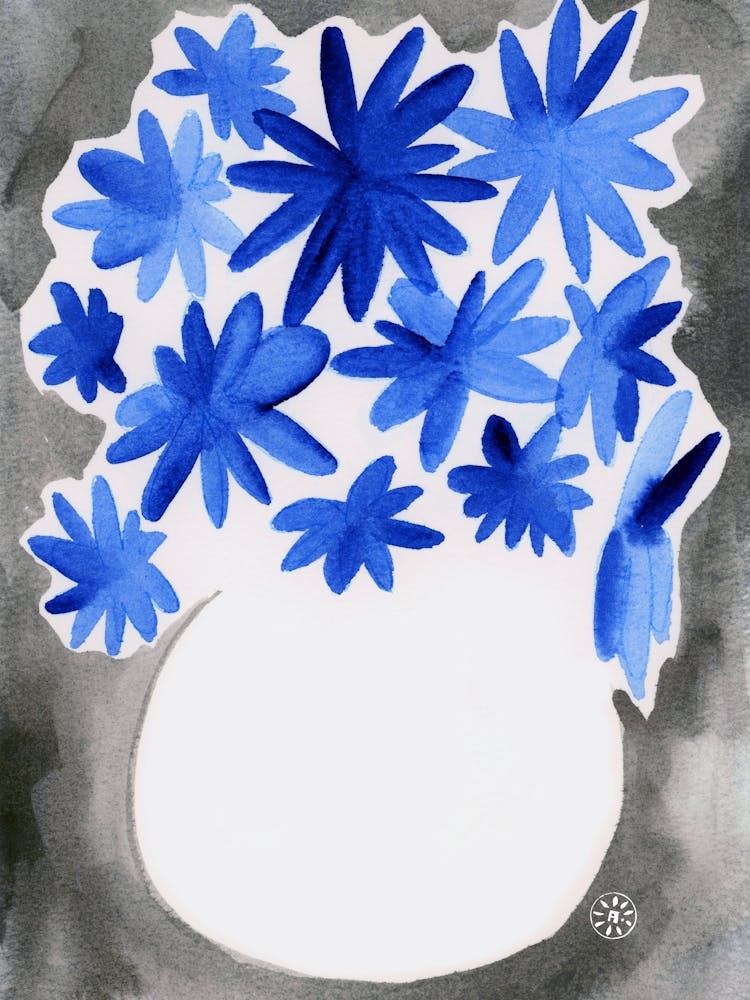 Blue Flowers In A White Vase - blue white gray floral watercolor minimal abstract vertical