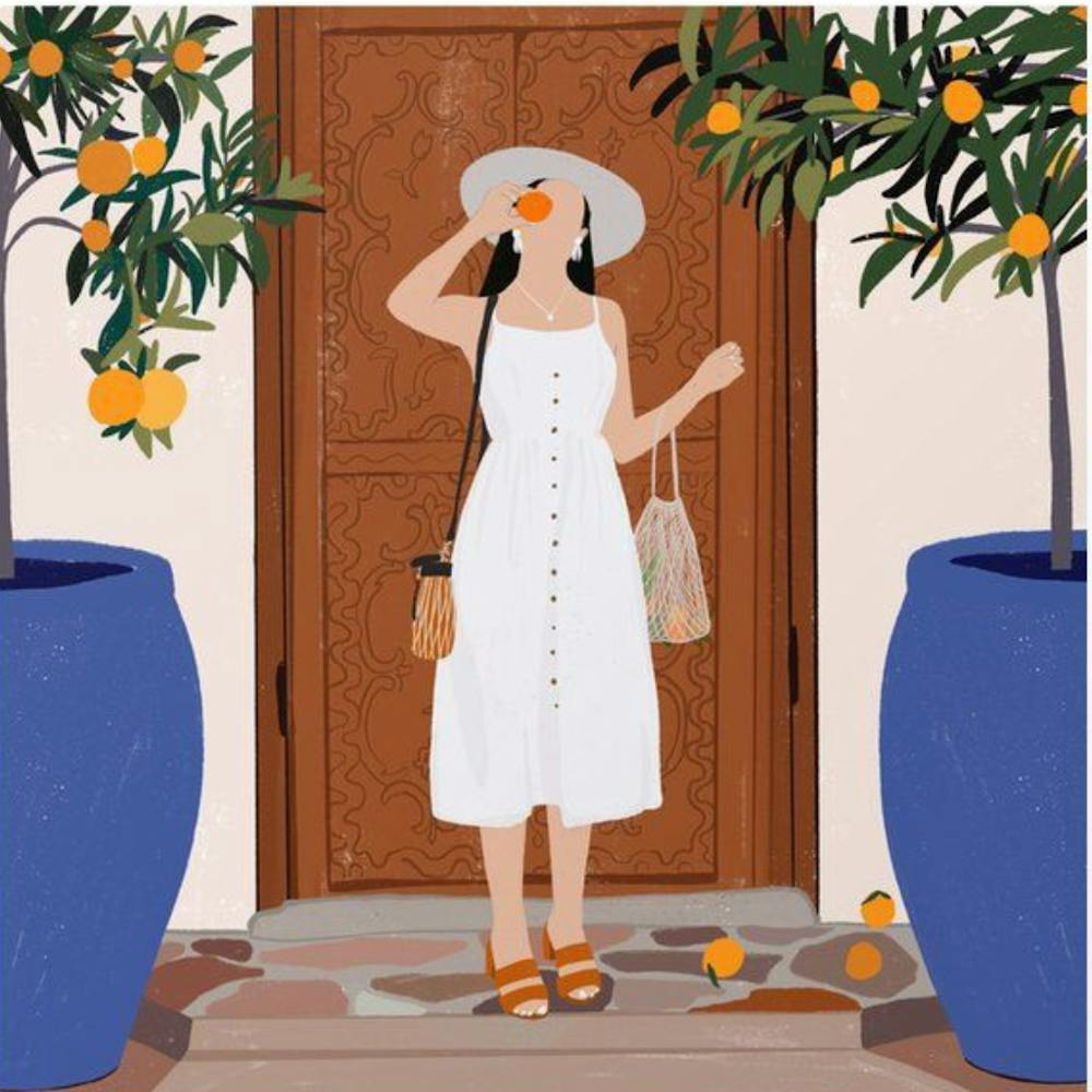 Illustration einer Frau, die Orangen hält
