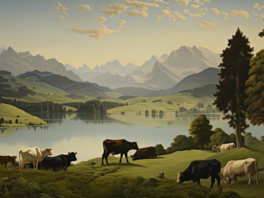 Cows Near Lake Painting