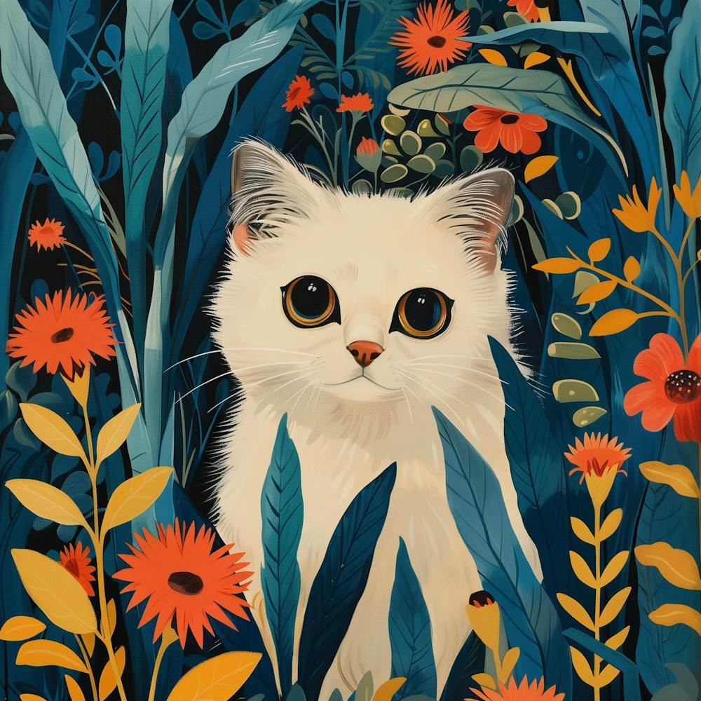 William Morris Inspired White Kitten in the Garden