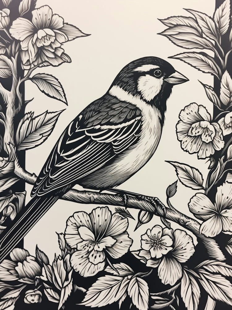 B&W Bird Linocut House Sparrow