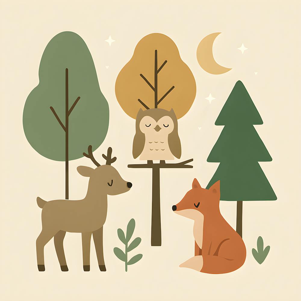 Minimalist Enchanted Forest Nursery Wall Art Woodland Animals & Trees Print Kids Room Decor