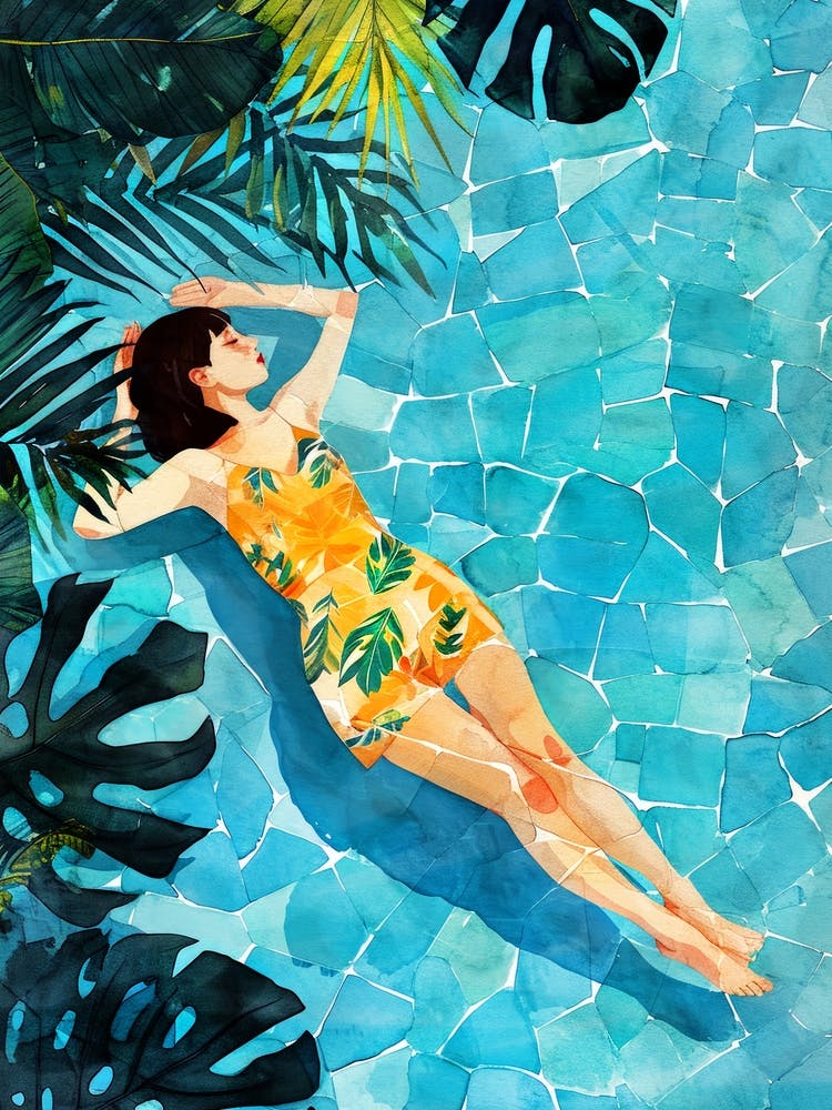 Watercolor Tropical Girl In Swimsuit