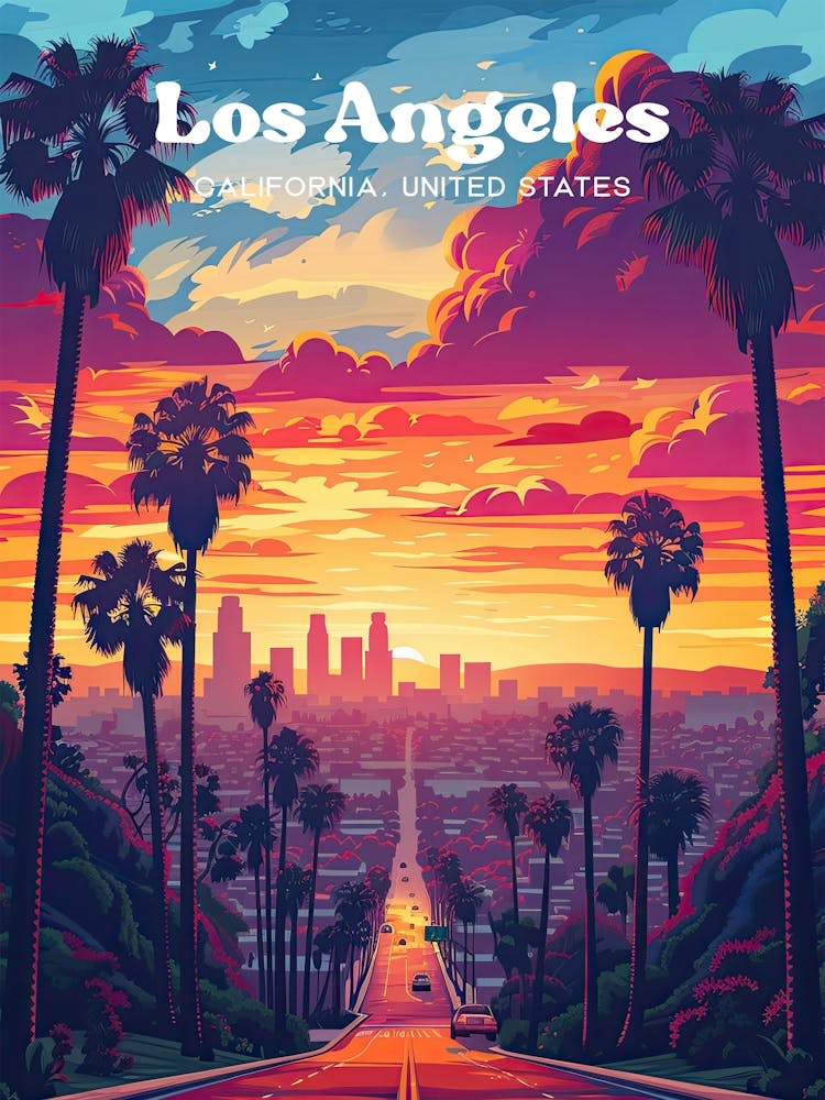 Los Angeles California Sunset Digital Travel Illustration