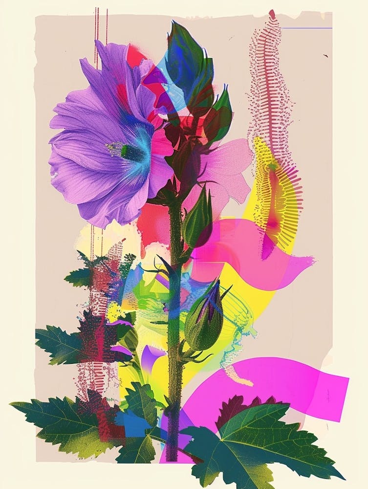 Hollyhock 1 Neon Flower Collage