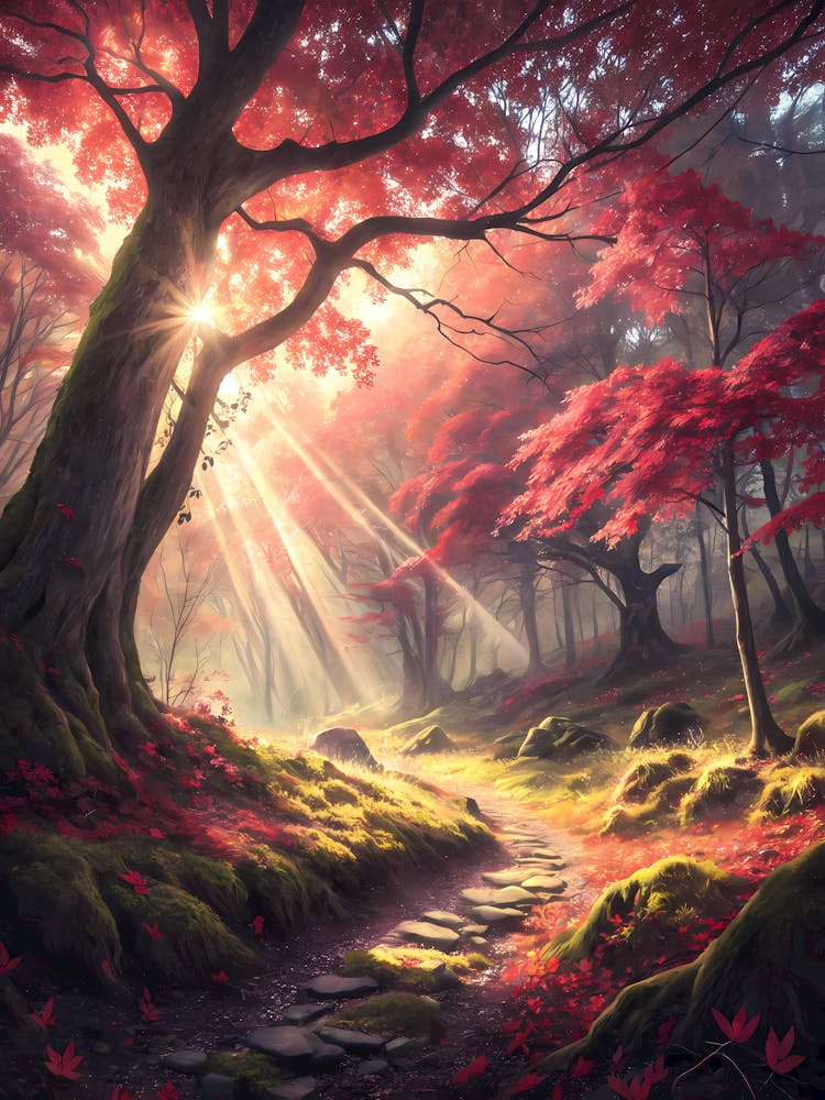 Oil Painting Style Sunlit Crimson Forest Enchanting Path & Glowing Trees