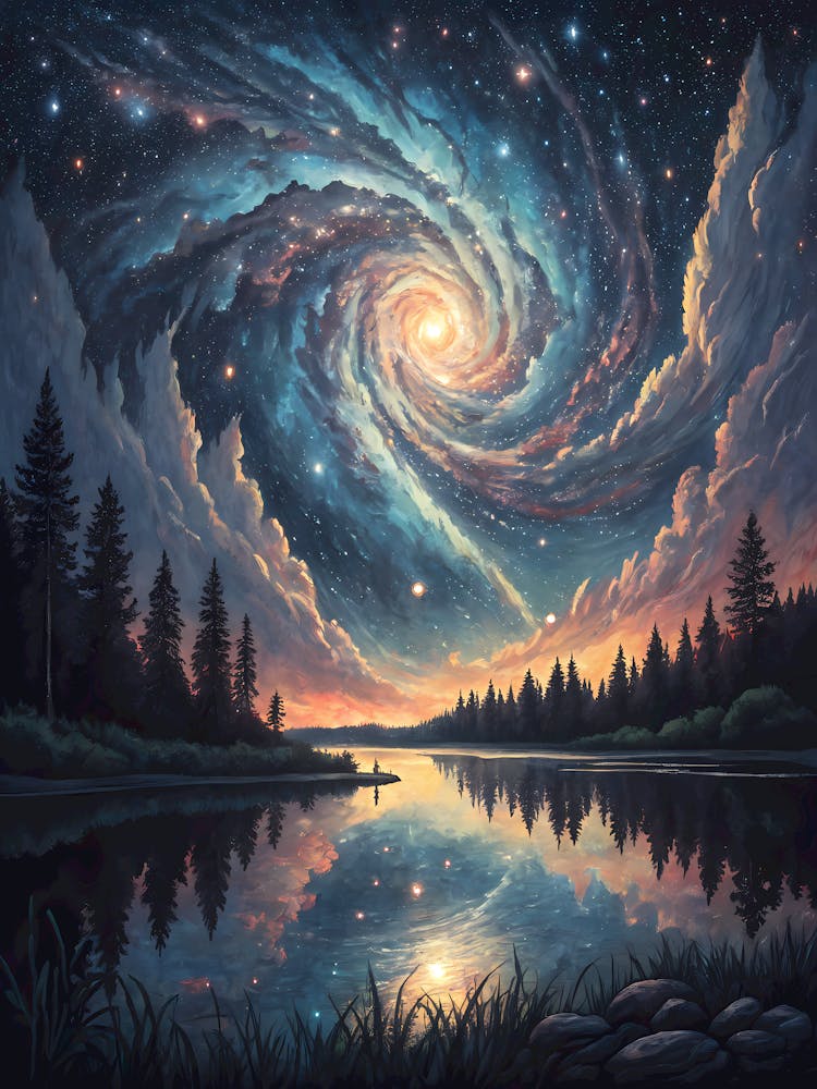 Wirbelnde Galaxie Reflexion See Landschaft Ölgemälde