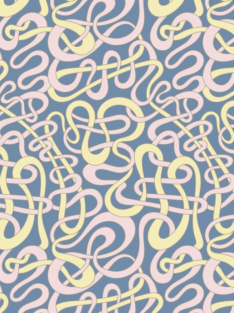 MY STRIPES ARE TANGLED Curvy Organic Abstract Squiggle Shapes in Butter Yellow Pink Sand on Dusty Blue