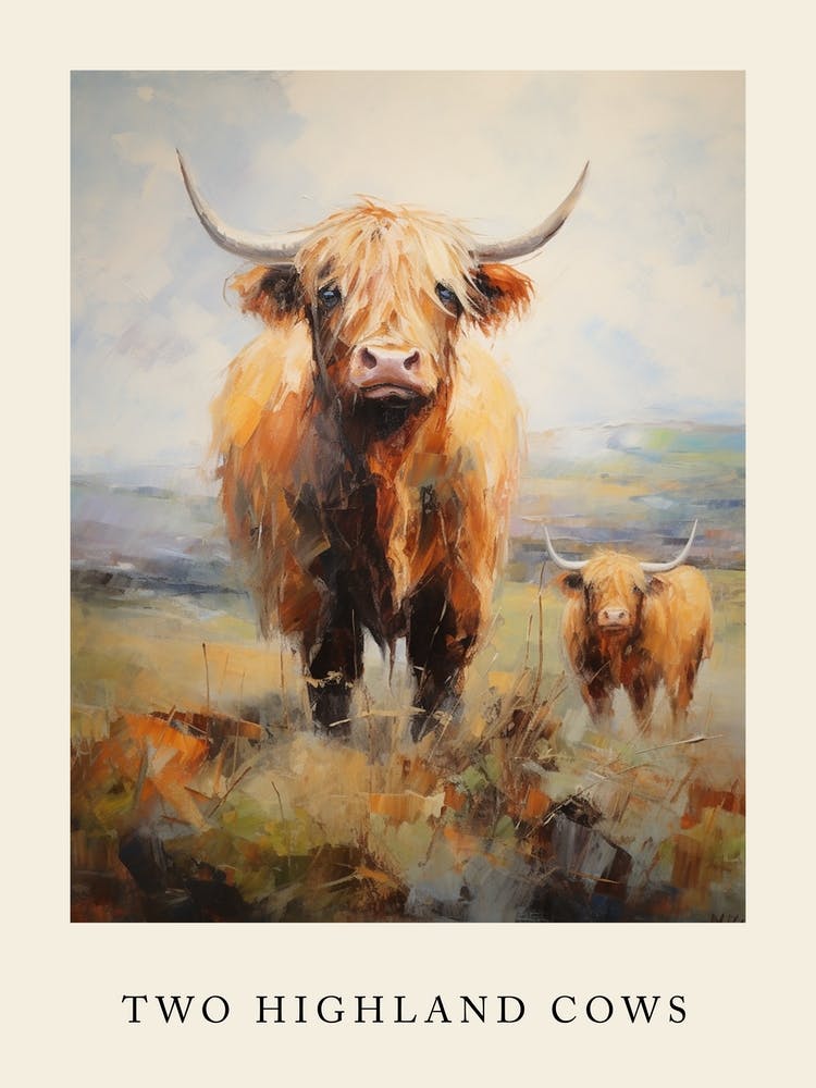 Impressionism Style Painting Of Two Highland Cows 2