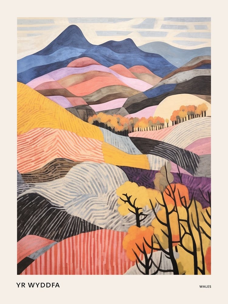 Yr Wyddfa Wales Farbenfrohes Bergillustrations-Poster