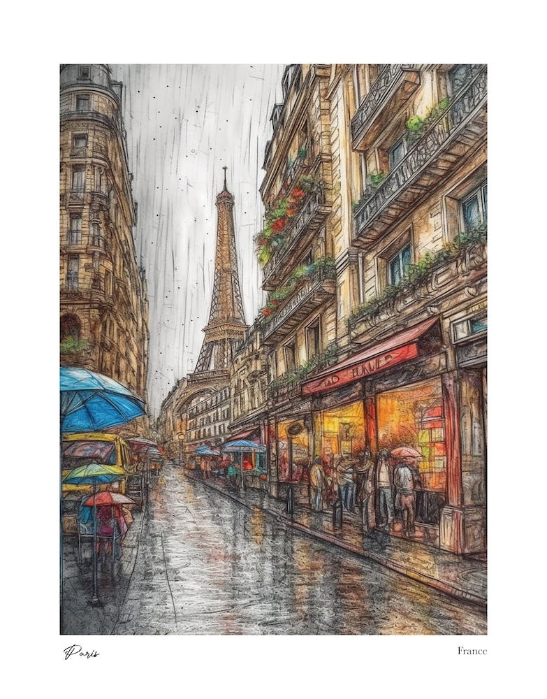 Paris France Drawing Pencil Style 1 Travel Poster